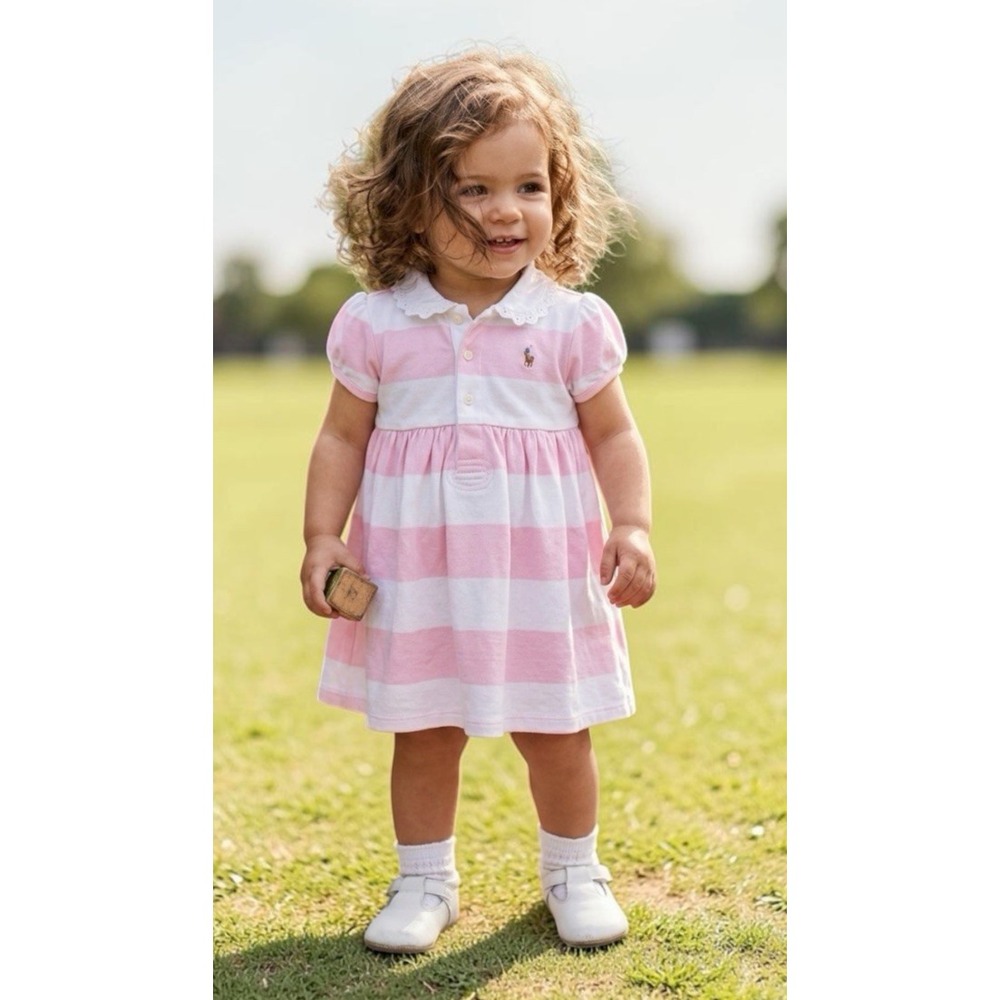 NEW Ralph Lauren Baby Girl Striped Rugby Dress PINK WHITE STRIPE Pony Logo 18 M
